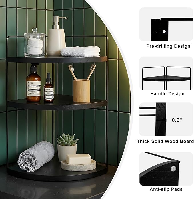 Corner Bathroom Counter Organizer Countertop Black, 2 Pack 3 Tier Corner Shelf Wood Vanity Tray Easy Assembly Space Saving Shelf for Kitchen, Bathroom, Dresser, Makeup, Office