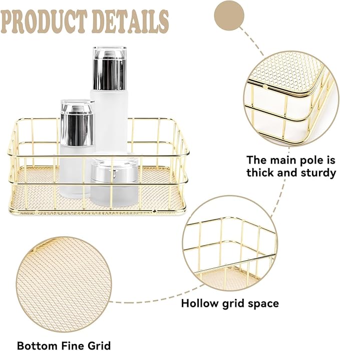 2Pcs Gold Basket Bathroom Organizer Storage Basket for Decor Desktop Exquisite Vanity Dresser Ornament Office Stationery Home(9.65 * 6.5 * 2.75inch)