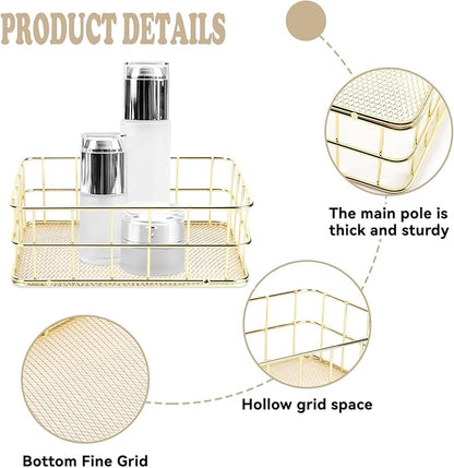 2Pcs Gold Basket Bathroom Organizer Storage Basket for Decor Desktop Exquisite Vanity Dresser Ornament Office Stationery Home(9.65 * 6.5 * 2.75inch)