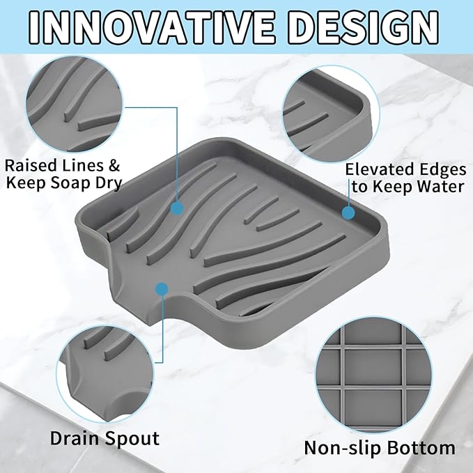 2 Pack Silicone Soap Dish with Drain, Self Draining Bar Soap Holder for Shower, Silicone Dish Soap Tray, Bathroom and Kitchen Sink Organizer, Grey
