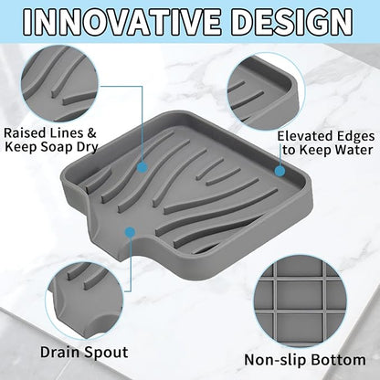 2 Pack Silicone Soap Dish with Drain, Self Draining Bar Soap Holder for Shower, Silicone Dish Soap Tray, Bathroom and Kitchen Sink Organizer, Grey