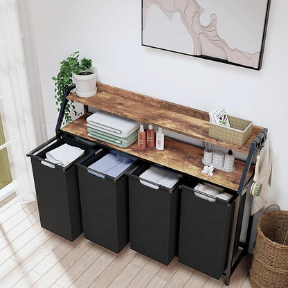 Timberer Laundry Hamper, Laundry Sorter with 4 Section, Rolling Basket with Wheels, 2 Shelves, 4 14.5 Gal, Pull-Out and Removable Oxford Fabric Bags for Laundry Room, Black and Rustic Brown