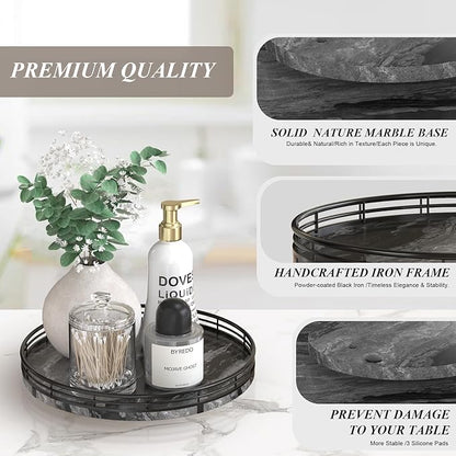 Marble Lazy Susan Turntable for Table Top – 10” Round Ancient Wood Grain Marble Tray Organizer for Dining Table, Kitchen Countertop & Bar, Luxury Stone Serving Tray with Black Iron Frame