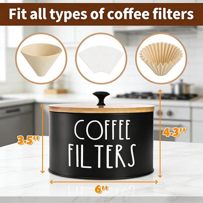 Coffee Filter Holder, Large Capacity Coffee Filter Storage Container with Bamboo Lid, Metal Coffee Filter Dispenser Pod Organizer Basket Accessory for Bar Counter Decor