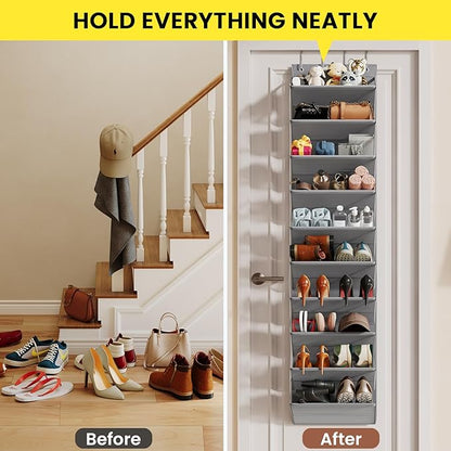 20-25 Pairs Over the Door Shoe Organizer, Clear Pockets Shoe Rack for Closet Door, 10-Tier Hanging Shoe Rack for Boots, Behind the Door Shoe Holder Fit All the Family's Sneakers, Boots, Heels, Grey