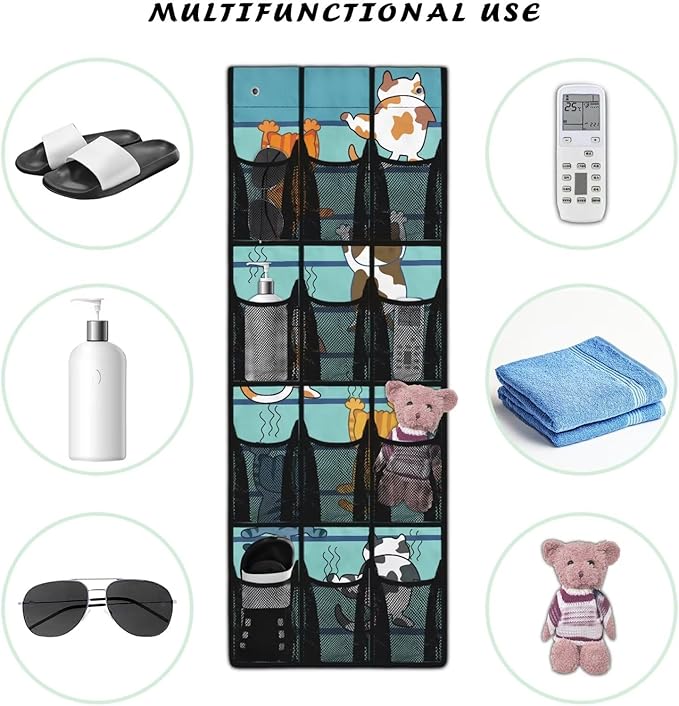 Cute Cat Over The Door Organizer 12 Mesh Pockets Large Capacity Stuffed Space Saving Hanging Storage Pockets for Toys Boots Cosmetics Sundries