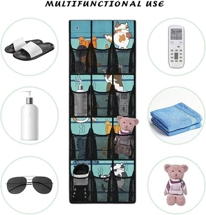 Cute Cat Over The Door Organizer 12 Mesh Pockets Large Capacity Stuffed Space Saving Hanging Storage Pockets for Toys Boots Cosmetics Sundries