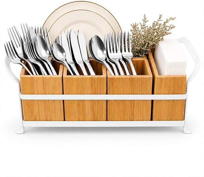 Bamboo Utensil Caddy with Handle - 5 Compartment Silverware Holder for Party & Kitchen Countertop - Removable Wooden Flatware Organizer for Picnic, BBQ, Buffet, RV & Outdoor Dining