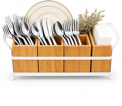 Bamboo Utensil Caddy with Handle - 5 Compartment Silverware Holder for Party & Kitchen Countertop - Removable Wooden Flatware Organizer for Picnic, BBQ, Buffet, RV & Outdoor Dining