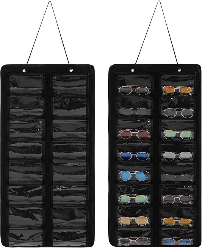 Sunglasses Organizer Storage - 16 Slots Glasses Storage Wall Pocket Display Hanging on Door, Eyewear Display, Dust-Proof (Black, Dust-Proof)