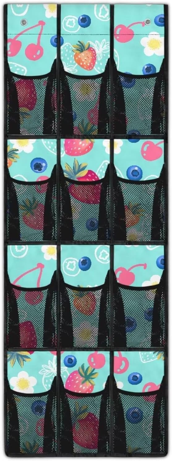 12-Pocket Foldable Door Hanging Organizer, Oxford Cloth Waterproof and Ideal for Bathroom Closet or Kitchen Storage Needs, Strawberry Blueberry Cherry