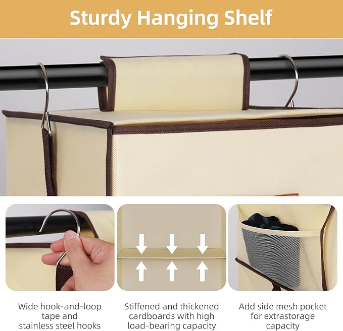 Hanging Closet Organizer 6-Shelf, Upgrade Closet Organizers and Storage with 5 Removable Drawers & 4 Side Pockets, Hanging Shelf Organizer for Bedroom or Garment Rack, 12.6'' x 12.6'' x 44.1'', Beige