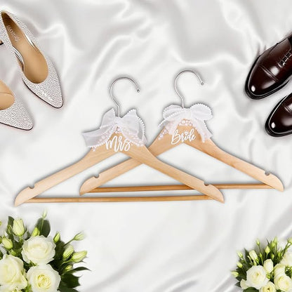 Bride Hanger for Wedding Dress Wooden Pearl Hangers with Pearl Ribbon Bow Elegant Bridal Mrs Wedding Dress Hanger, 2PCS Personalized Wedding Hangers (Burlywood)