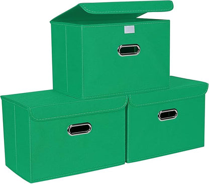 STOREONE Fabric Storage Cube Bins Foldable Organizer Container Collapsible Basket with Lids and Metal Handles, for Home, Bedroom, Closet 3 Pcs (Green)