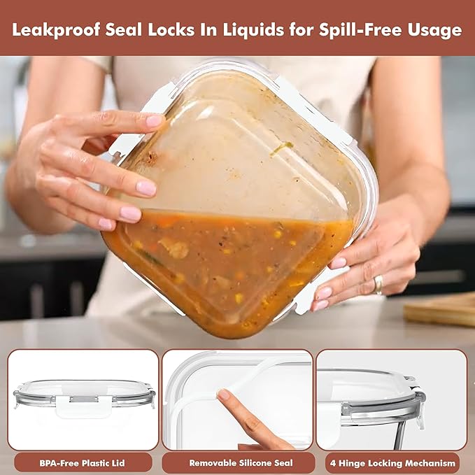 Razab 2 PC 1200ML / 41 Oz Glass Food Storage Containers with Lids - Airtight & Leakproof - Microwave/Oven/Freezer Safe - BPA Free - Ideal for Meal Prep, Storing Leftover & Lunch