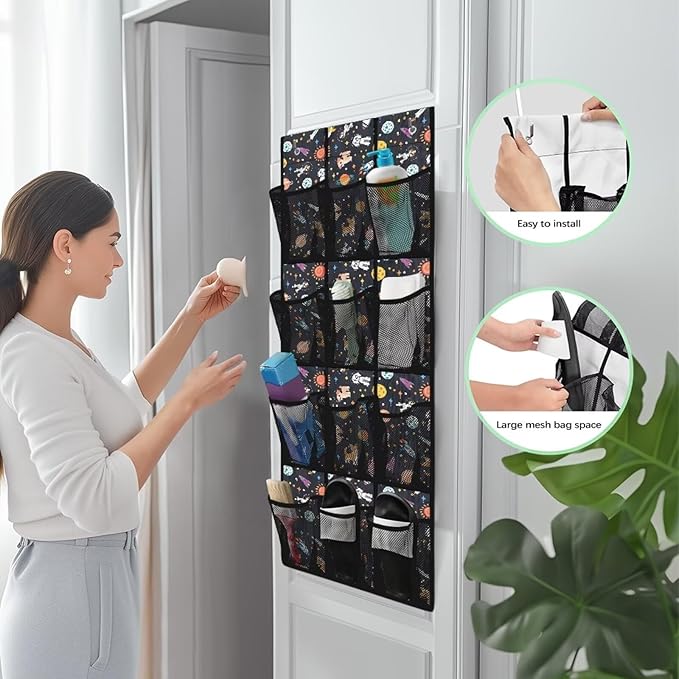 Astronaut Planets Behind Door Shoes Hang Holder Rack,Storage for Small Spaces,Over the Door Shoe Organizer with 12 Mesh Large Pockets