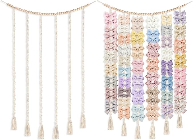 Dahey Macrame Bow Holder Hanging Hair Bow Organizer for Baby Girls Boho Wall Decor Handmade Headband Holder with wood beads Storage Hair Clips for Baby Nursery Room,1 PCS, Clips and Bows Not Included