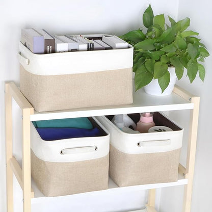 Foldable Storage Bin Collapsible Fabric Storage Basket Cube with Durable Handles Closet Organizer Bins for Organizing Shelves Drawers, Set of 3, 15" x 10" x 9.5", Beige