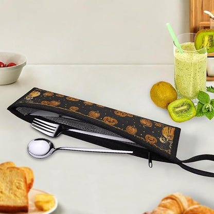 Portable Travel Tableware Box Halloween Pumpkins Skulls Flatware Storage Box Case Travel Utensils Cutlery Case with Bag for Fork Spoon Chopsticks