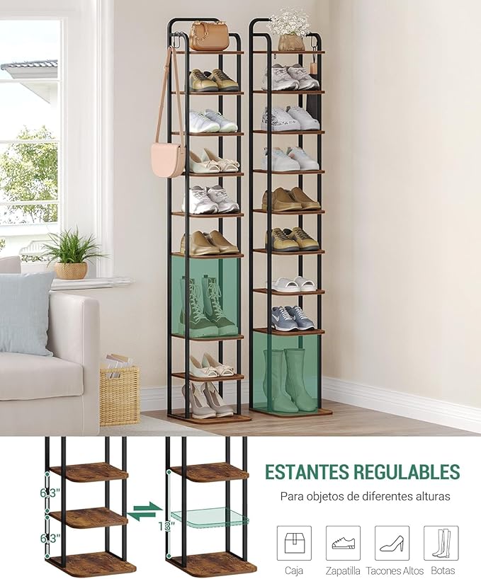 Hzuaneri 10 Tiers Vertical Shoe Rack, Narrow Shoe Tower, Tall Shoes Shelf with 2 Hooks, Adjustable Shelves, Corner Shoes Shelves for Small Spaces, Entryway, Living Room, Rustic Brown SR11201B