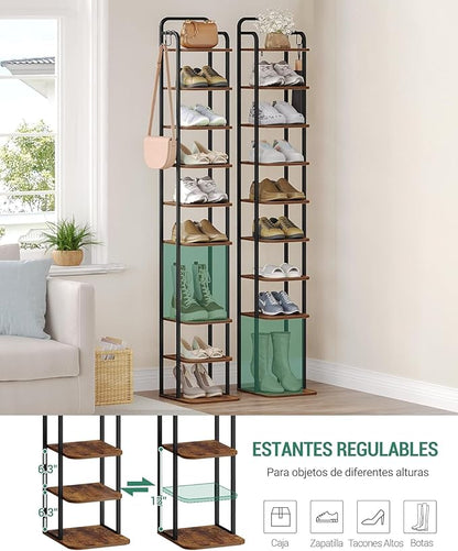 Hzuaneri 10 Tiers Vertical Shoe Rack, Narrow Shoe Tower, Tall Shoes Shelf with 2 Hooks, Adjustable Shelves, Corner Shoes Shelves for Small Spaces, Entryway, Living Room, Rustic Brown SR11201B