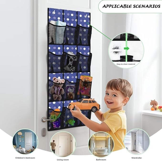 12-Pocket Over The Door Hanging Organizer, Lightweight Oxford Cloth Waterproof Foldable and Perfect for Bathroom Bedroom or Closet Storage Solutions, Dots Print Dark Blue