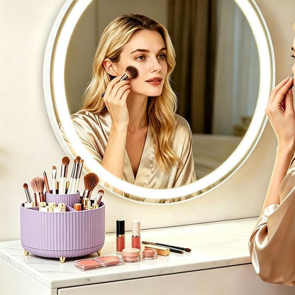 360° Rotating Makeup Brush Holder Organizer, Purple Countertop Cosmetic Display Case, Spinning Skincare Storage Carousel for Vanity, Desktop & Bathroom