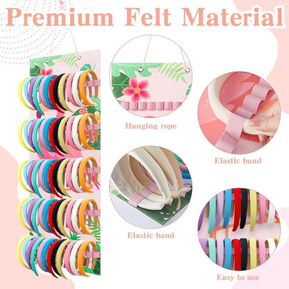 Tudomro Hanging Headband Holder for Girls Felt Hair Accessories Organizer with 60 Elastic Bands Bow Hanger for Girls Hair Bows Without Headbands(Fresh Color,Flamingo)