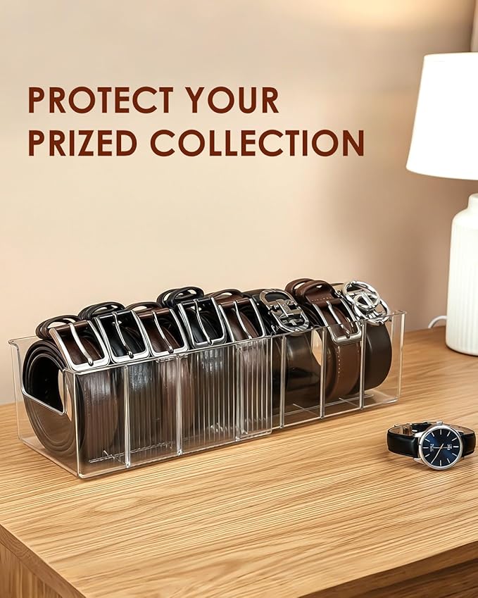HAYVAN 2 Pack Acrylic Extendable Belt Organizer - Clear Belt Holder with Adjustable Dividers Fits Most Sizes, Storage Box for Ties, Bows, Masks, Jewelry (Space-Saving)