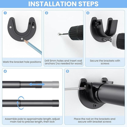 Closet Rods for Hanging Clothes, 17 to 69 Inch Stepless Adjustable Closet Rod, 1.3 Inch Diameter Metal Heavy Duty Closet Hanging Rod for Closet Wardrobes Laundry RV, Black