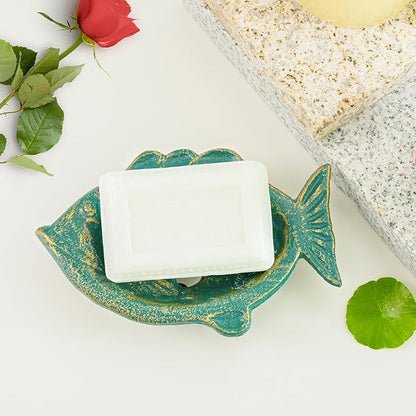 Sungmor Heavy Duty Cast Iron Soap Holder, Vintage Bar Soap Dish for Kitchen Bathroom Sink, Lovely Fish Shape & Antique Green Sponge Dish Soap Tray, Decorative Jewelry Holder Tabletop Container