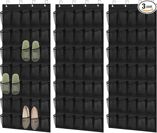 3 Pcs Over the Door Shoe Organizers, 35 Pockets Large Hanging Storage Bags, Space-saving Non-Woven Mesh Shoe Racks, Hanging Storage Holders for Shoes, Boots, 27.5×65", Fits Standard Doors