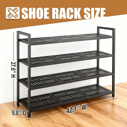 4-Tier Shoe Rack, Large Capacity Metal Free Standing Shoes Rack, Sturdy and Durable Shoe Organizer, Shoe Shelf for Closet, Entryway, Bedroom, for 24-28 Pairs, 42.1" W x 9.8" D x 27.6" H, Black