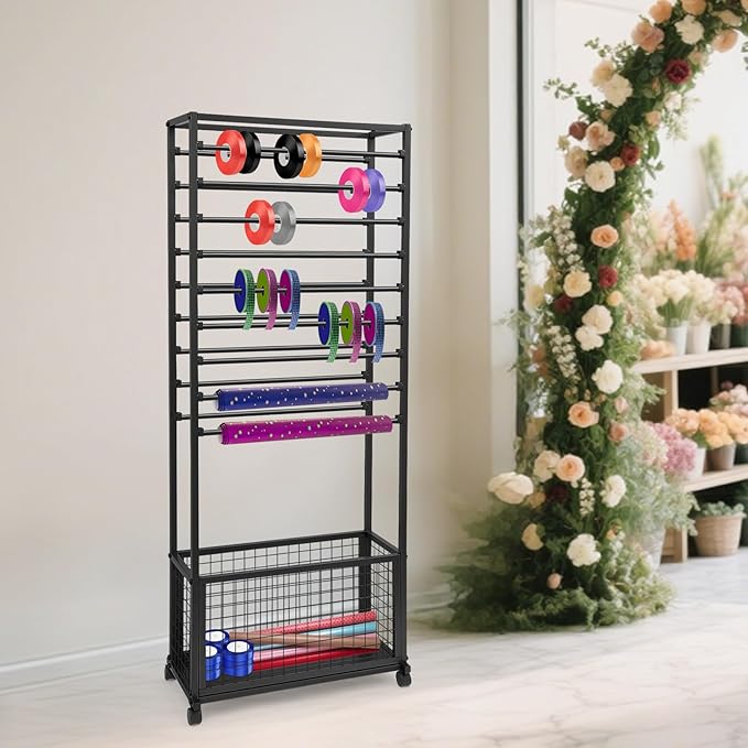 20-Tier Double-Sided Ribbon Holder Organizer Rack with Storage Basket & Wheels, Multifunctional Flower Wrapping Paper Display Stand for Craft Rooms, Flower Shops (Black, 26.38''W x 12.6''D x 59.06''H)