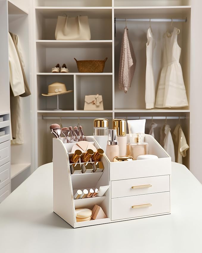 Lolalet Makeup Organizer Countertop with Drawers, Easy to Clean PU Leather Storage Box, 3-Layer Cosmetic Holder for Skincare, Lipstick, Perfume & Brush, Display Case for Vanity Dresser Bathroom -Cream