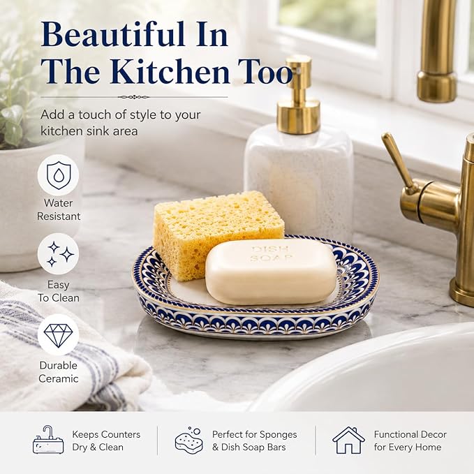 Double-Layer White Ceramic soap Dish: self-draining Ceramic soap Holder with a Vintage Decorative Style, Suitable for soap on Bathroom Sinks, Small and Cute, with Elegant Patterns.