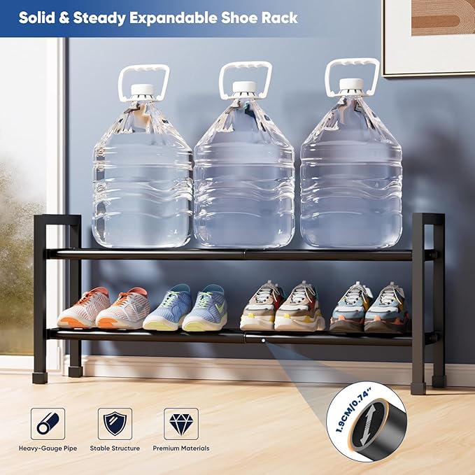Abiglifty 2-Tier Expandable Shoe Rack,17"-33" Adjustable Shoe Rack for Closet,Metal Shoes Shelves for Front Door Entrance, Garage & Corridor, Free Standing Shoe Holders, Easy to Assemble,Black