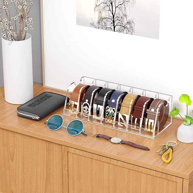 FEMELI Belt Organizer Acrylic Clear Case Storage Holder for Closet and Drawer, 7 Compartments Tie Box Container with Display Stand