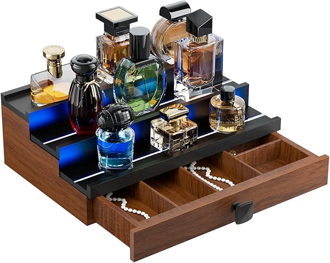 Perfume Cologne Organizer for Men: with LED Light 3 Tier Wooden Perfumes Stand, Desktop Parfum Holder Wood Display Shelf with Cabinet, Bedroom Makeup Lotion Jewelry Storage Rack with Drawer