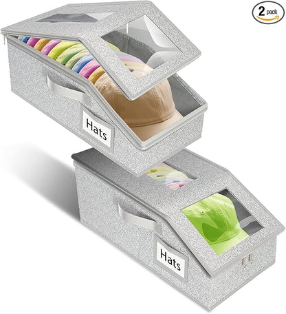 Stackable Hat Storage for Baseball Caps, 2 PCS Hat Storage Boxes for Closet, Holds up to 30 Caps with Cardboard, Hat Organizer for Women & Men(Two Clear Window) (Grey)