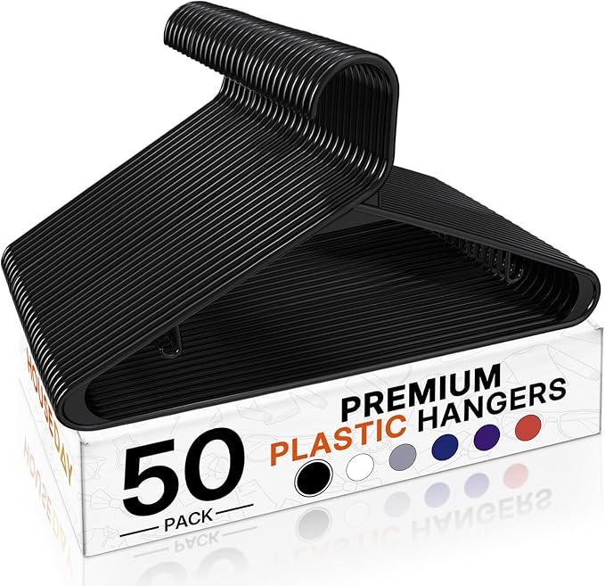 HOUSE DAY Black Plastic Hangers 50 Pack, Plastic Clothes Hangers with Built-in Hooks, Durable and Strong Plastic Coat Hangers for Closet, Space Saving Clothing Hanger for Shirts, Coats, Skirt, Dress