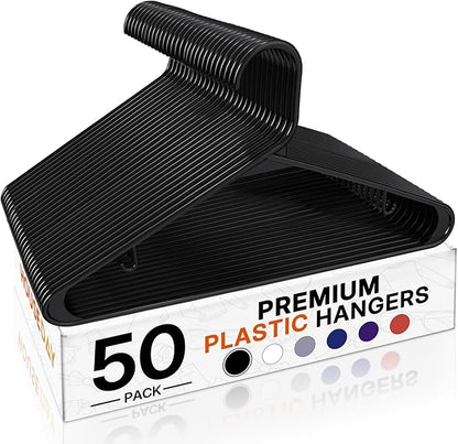 HOUSE DAY Black Plastic Hangers 50 Pack, Plastic Clothes Hangers with Built-in Hooks, Durable and Strong Plastic Coat Hangers for Closet, Space Saving Clothing Hanger for Shirts, Coats, Skirt, Dress