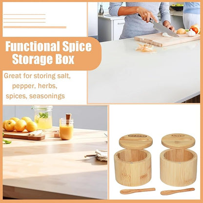 2 Pack Bamboo Salt and Pepper Bowls, Spice Cellar with Swivel Lid and Spoons, Round, 6 Ounces, Bamboo