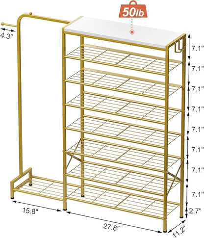 Shoe Rack with Coat Rack, 8 Tier Tall Shoe Storage Organizer with Hooks, 3-in-1, Wooden Top Shelf, Sturdy Frame, Metal Clothes Hanger Stand for Entryway, Closet, Gold