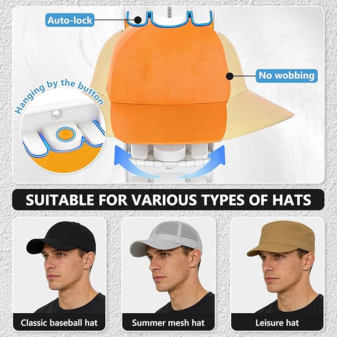 Hat Organizer for Baseball Caps with Built Spring Clips 2 Packs - Wall Mount Closet Hat Rack Holder, Storage for Wall Door/Closet Display Hat Racks Hanger (Strong Adhesive & Screws) White