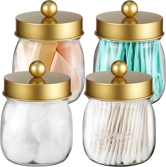 Farmhouse Decor Apothecary Jar Set, Mason Jar Bathroom Vanity Storage Organizer Canister-Qtip Holder Plastic Acrylic Jar for Cotton Swabs, Cotton Pad, Floss Pick, Paper Clips, Hair Clip (4 Pack, Gold)
