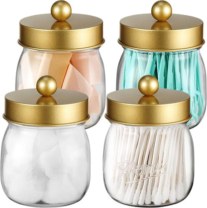 Farmhouse Decor Apothecary Jar Set, Mason Jar Bathroom Vanity Storage Organizer Canister-Qtip Holder Plastic Acrylic Jar for Cotton Swabs, Cotton Pad, Floss Pick, Paper Clips, Hair Clip (4 Pack, Gold)