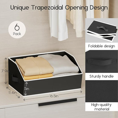 Homsorout Large Closet Organizers and Storage Bins - 6 Pack Trapezoid Storage Baskets for Shelves, Foldable Fabric Baskets with Handles Ideal for Closet, Basket, Wardrobe and Shelf Storage, Black