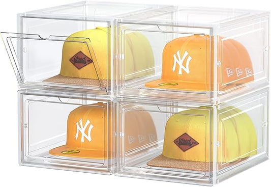 SCAVATA Hat Organizer Box, Stackable Clear Baseball Caps Holder Box Containers with Magnetic Door for Hats Snapback Cap Storag, Hat Rack Display Case, Holds 8 Hats Each (Clear, 4 Pack)