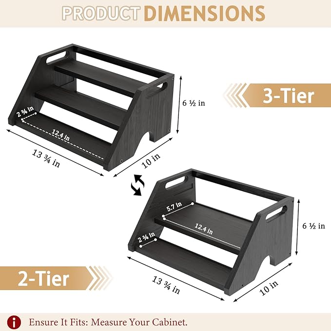Bamboo Spice Rack Organizer -3-Tier Spice Rack for Countertop,Cabinet Spice Rack Organizer for 18 Spice Jars(4oz)，Step Shelf(black)